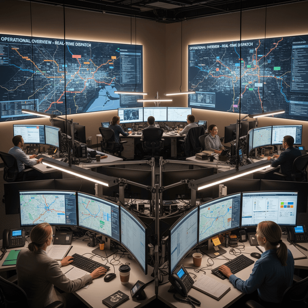 Field service dispatch center with coordination maps and operational monitoring