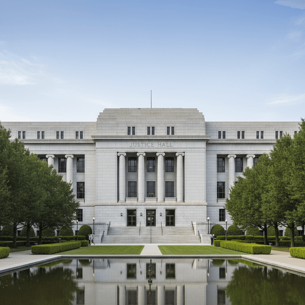 Government facility exterior with maintained grounds and civic landscaping