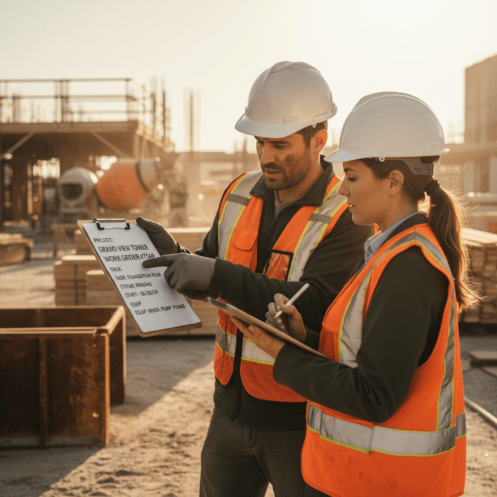 Contractors reviewing compliance documentation on-site