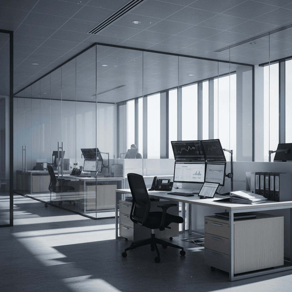 Bank office environment with secure workstations and compliance materials