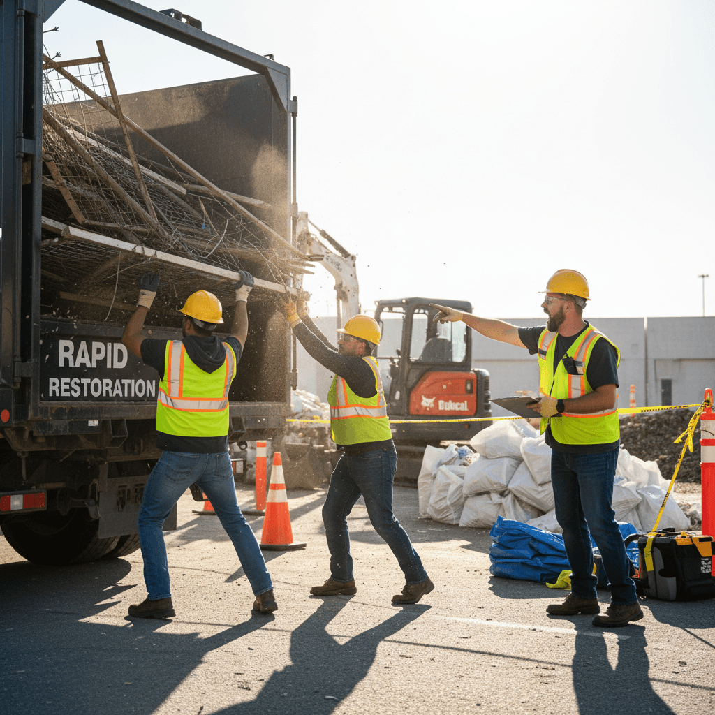 Debris removal crew coordinating rapid property clearing