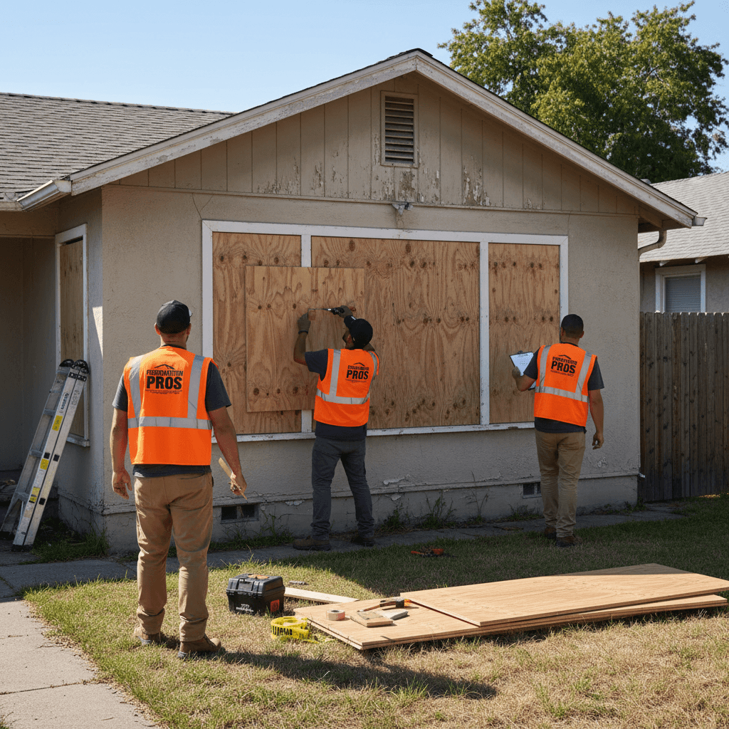 Property preservation crew securing a residential structure