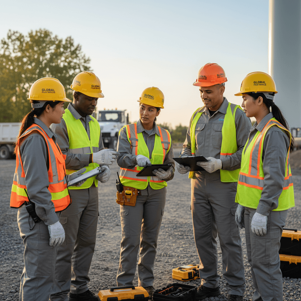 Field team collaborating during site briefing and work coordination