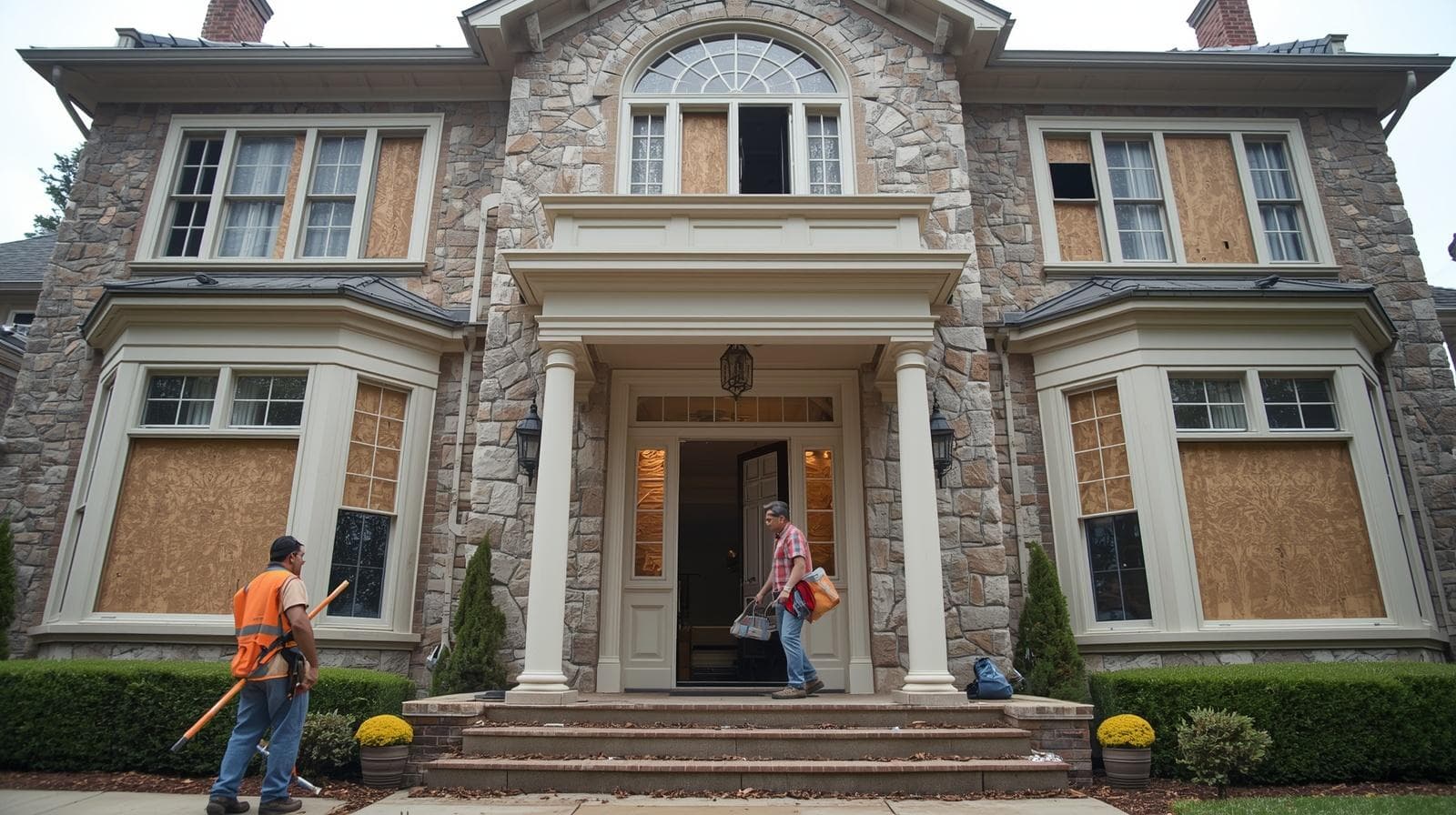 Two men boarding up windows of a large stone house with plywood for storm preparation.