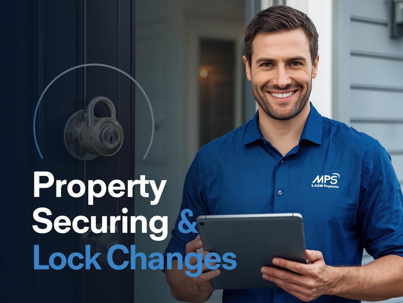 Smiling man in blue shirt holding tablet with 'Property Securing & Lock Changes' text.