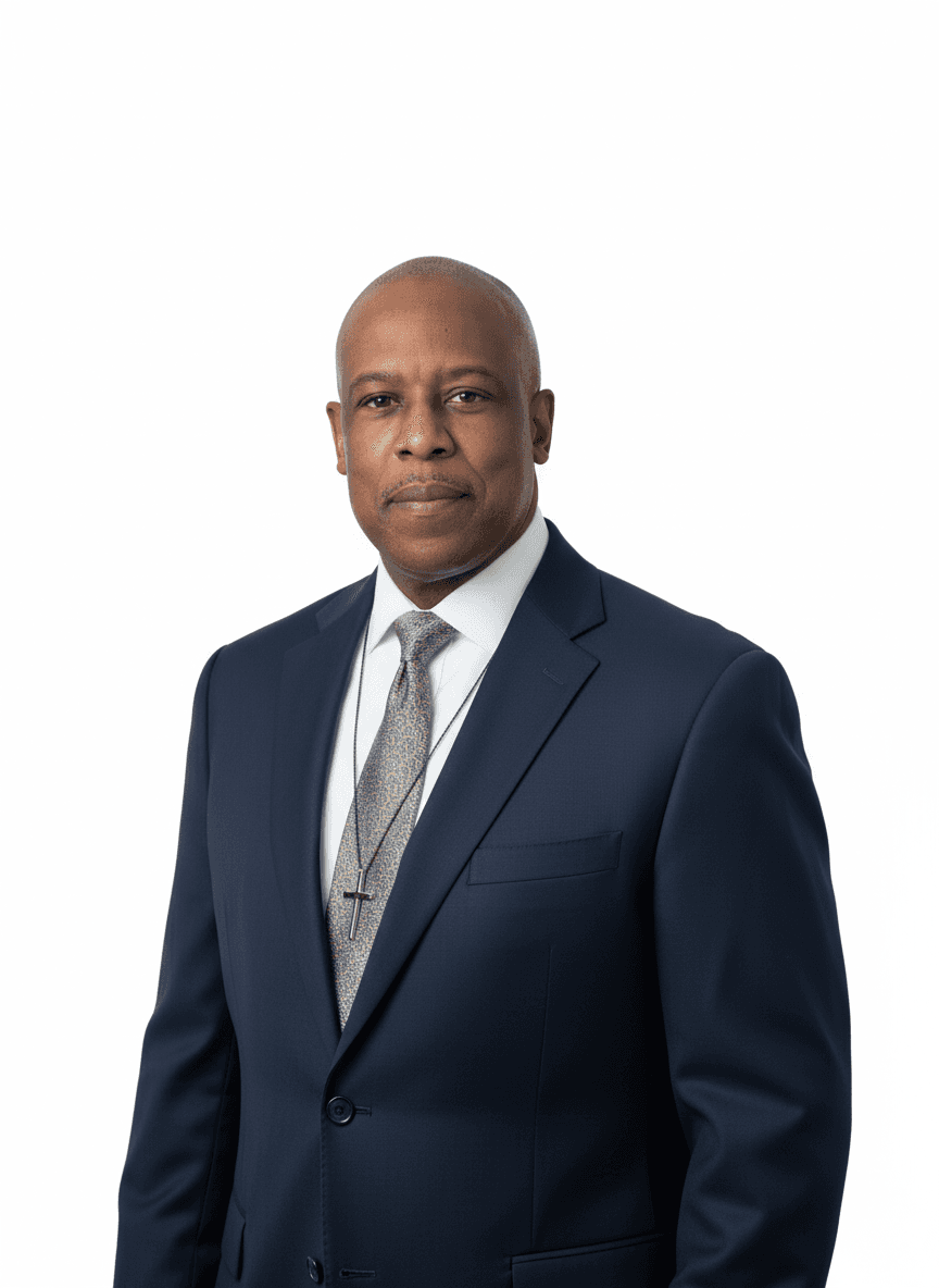 Professional headshot of a Black man in a navy suit, patterned tie, and cross necklace.
